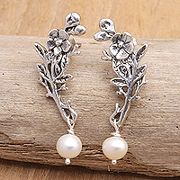 Cultured pearl dangle earrings, 'Winter Plumeria' - Sterling Silver Floral Dangle Earrings with Cultured Pearls