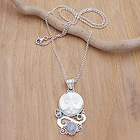 Multi-gemstone pendant necklace, 'Midnight Owl' - Balinese Multi-Gemstone Sterling Silver Owl Pendant Necklace