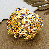 Gold-plated blue topaz wrap ring, 'Golden Loyalty' - Floral 18k Gold-Plated Wrap Ring with Blue Topaz Jewels