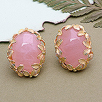 Gold-plated rose quartz button earrings, 'Love Ashokas' - Floral 18k Gold-Plated Button Earrings with Rose Quartz Gems