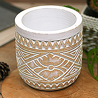Wood decorative vase, 'Island Glory' - Traditional Hand-Carved Albesia Wood Decorative Vase