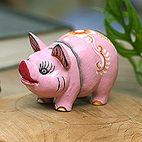 Wood figurine, 'Fashionable Piggy' - Pig Suar Wood Figurine Hand-Carved & Hand-Painted in Bali