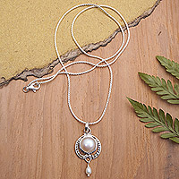 Cultured pearl pendant necklace, 'Virtuous Ocean' - Classic Sterling Silver Pendant Necklace with Pearls