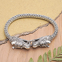 Men's sterling silver chain pendant bracelet, 'Basuki Brotherhood' - Men's Sterling Silver Basuki Chain Pendant Bracelet