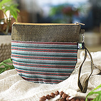 Cotton clutch wristlet, 'Lurik Sphere Sage' - 100% Cotton Striped Sage Clutch Wristlet Handwoven in Java
