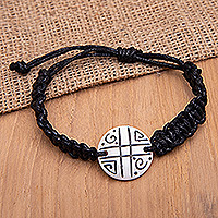 Men's cotton macrame pendant bracelet, 'Indonesian Cave Art' - Balinese Black & Ivory Men's Cotton Macrame Pendant Bracelet