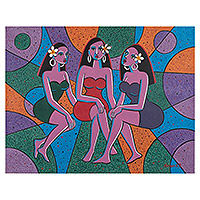 'Trio of Balinese Women' - Signed Unstretched Cubist Acrylic Painting in Vibrant Colors