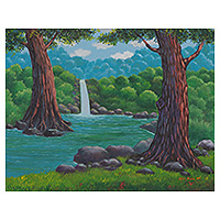 'The Beauty of the River' - Acrylic on Canvas Landscape Painting of Waterfall from Java