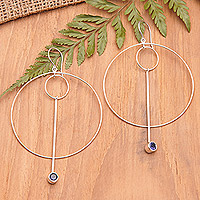 Iolite dangle earrings, 'Contemporary Glam' - Modern Sterling Silver Circle Dangle Earrings with Iolite