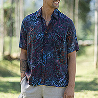 Men's batik rayon shirt, 'Burgundy Leaves' - Men's Handcrafted Rayon Shirt with Burgundy Batik Pattern