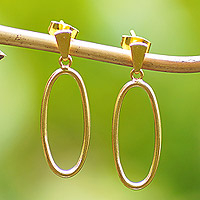 Gold-plated dangle earrings, 'Avant-Garde Dame' - 18k Gold-Plated Brass Oval Dangle Earrings from Bali