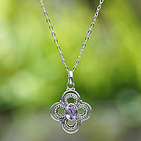 Amethyst pendant necklace, ‘Bouquet Glam’ - Floral Sterling Silver Pendant Necklace with Amethyst Stone