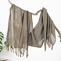 Cotton scarf, 'Olive Boro' - Olive Cotton Scarf with Stitched Boro Details and Fringes