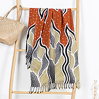 Batik rayon shawl, 'Tropical Sunset' - Handcrafted Batik Rayon Shawl in Orange and Grey Hues