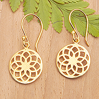 Gold-plated dangle earrings, 'Divine Energies' - Polished 18k Gold-Plated Round Lotus Dangle Earrings