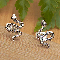 Sterling silver button earrings, 'Snake Prodigy' - Polished Snake-Shaped Sterling Silver Button Earrings