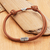 Sterling silver pendant cord bracelet, 'Brown Minimalism' - Brown Nylon Cord Bracelet with Sterling Silver Accent