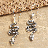 Sterling silver dangle earrings, 'Cobra Charm' - Snake-Shaped Sterling Silver Dangle Earrings Made in Bali