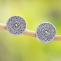 Sterling silver stud earrings, 'Chakra Shield' - Sterling Silver Stud Earrings with Floral and Chakra Motifs