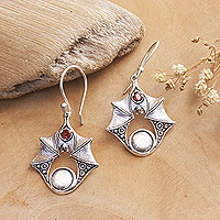 Garnet dangle earrings, 'Peaceful Bat' - Sterling Silver Bat Dangle Earrings with Garnet Stones