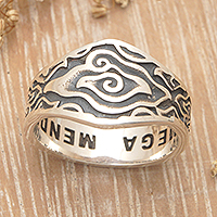 Men's sterling silver domed ring, 'Megamendung Clouds' - Men's Sterling Silver Domed Ring with Traditional Design