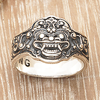 Men's sterling silver cocktail ring, 'Barong Soul' - Men's Barong-Themed Sterling Silver Cocktail Ring from Bali
