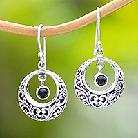 Onyx dangle earrings, 'Baturiti Garden in Black' - Sterling Silver Dangle Earrings with Swaying Onyx Stone