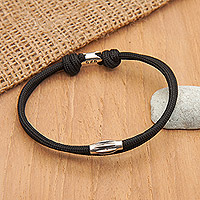 Sterling silver pendant cord bracelet, 'Dark Sparkle' - Adjustable Black Nylon Cord Bracelet with Polished Pendant