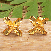 Gold-plated button earrings, 'Sun Clover' - Matte Floral 18k Gold-Plated Sterling Silver Button Earrings
