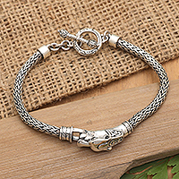 Men's sterling silver pendant bracelet, 'Klungkung Guardian' - Men's Sterling Silver Bracelet with Dragon Pendant from Bali