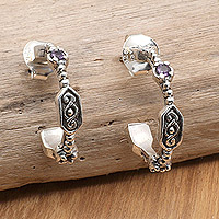 Amethyst half-hoop earrings, 'Sparkling Purple' - Sterling Silver Half-Hoop Earrings with Amethyst Stone