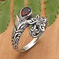Garnet cocktail ring, 'A Nymph in Red' - Traditional Butterfly-Themed Cocktail Ring with Garnet Gem