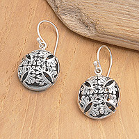 Sterling silver dangle earrings, 'Leafy Enchantment' - Round Leafy Sterling Silver Dangle Earrings from Bali