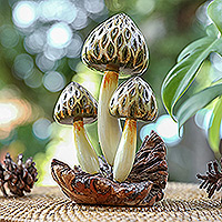 Wood sculpture, 'Morel Mushrooms' - Mushroom-Themed Wood Sculpture Hand-Painted in Bali