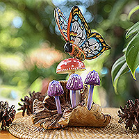 Wood sculpture, 'Butterfly Realm' - Hand-Painted Wood Sculpture of Butterfly and Mushrooms