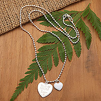 Sterling silver pendant necklace, 'Best Mom Ever' - Mother's Day Sterling Silver Necklace with Heart Pendants