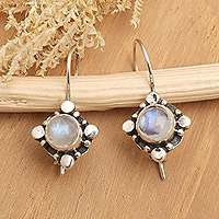 Rainbow moonstone drop earrings, 'Harmony Star' - Star-Themed Rainbow Moonstone Drop Earrings from Bali