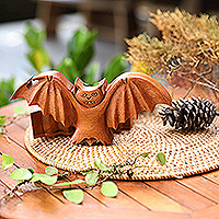 Wood puzzle box, 'Flying Bat' - Bat-Themed Suar Wood Puzzle Box Hand-Carved in Bali