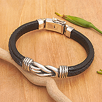 Men's leather braided pendant bracelet, 'Balinese Flair' - Men's Leather Braided Bracelet with Sterling Silver Pendant