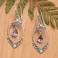 Gold-accented amethyst dangle earrings, 'Mystic Purple' - 925 Silver Dangle Earrings with Amethysts and Gold Accents