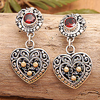 Gold-accented garnet dangle earrings, 'Frangipani Heart' - 925 Silver Heart Dangle Earrings with Garnet & Gold Accents