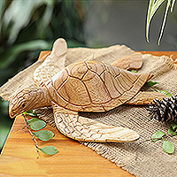 Wood sculpture, 'Tender Turtle' - Wood Sculpture of Swimming Turtle Hand-Carved in Bali