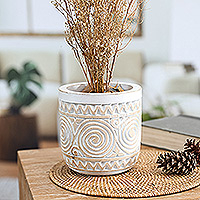 Wood decorative vase, 'Spiral Beauty' - Hand-Carved Wood Decorative Vase with Distressed Finish