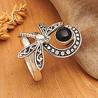 Onyx cocktail ring, 'Dragonfly's Palace' - Dragonfly-Themed Sterling Silver Cocktail Ring with Onyx Gem