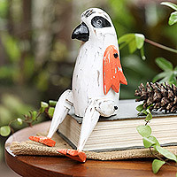 Wood sculpture, 'Feathered Thoughts in White' - Hand-Painted Albesia Wood Sculpture of a White Bird
