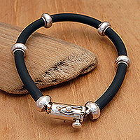 Men's sterling silver beaded bracelet, 'Waves on the Beach' - Sterling Silver Men's Beaded Cord Bracelet Made in Bali
