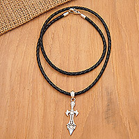 Men's leather and sterling silver pendant necklace, 'Swordsman' - Men's Leather and Sterling Silver Sword Pendant Necklace