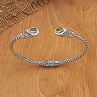 Peridot cuff bracelet, 'Fortune Fates' - Balinese Sterling Silver Cuff Bracelet with Peridot Gems
