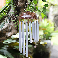 Aluminum and coconut shell wind chime, 'Summer Melody' - Handcrafted Aluminum and Coconut Shell Wind Chime