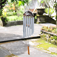 Aluminum and coconut shell wind chime, 'Summer Winds' - Aluminum and Coconut Shell Wind Chime with Bamboo Accents